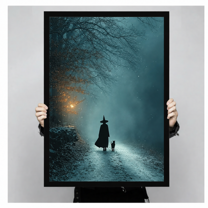 Hands holding framed witch and black cat canvas art with glowing lantern light and foggy teal forest.