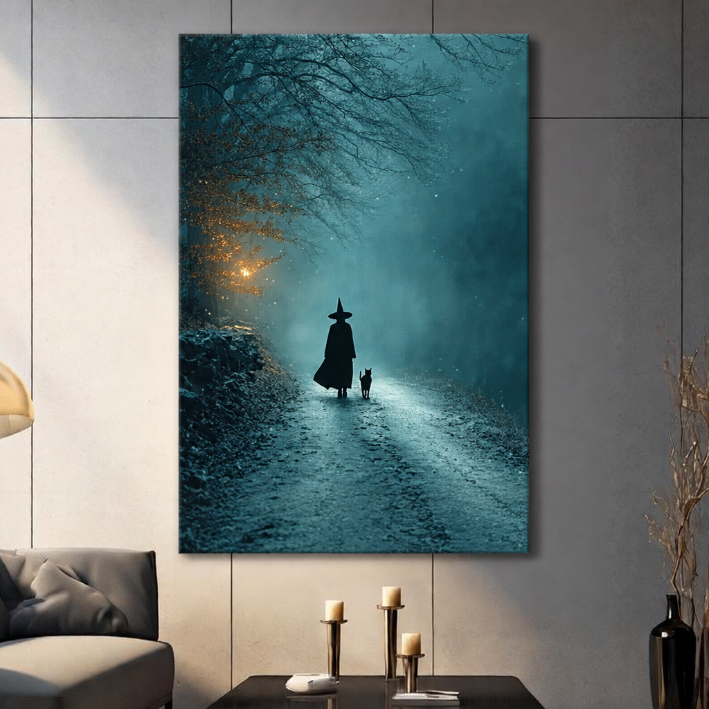 Frameless stretched canvas of a witch and black cat on a forest path, hung in a modern living room.
