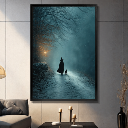 Gothic witch and black cat framed wall art above candles and a sofa in an elegant living room.⠋