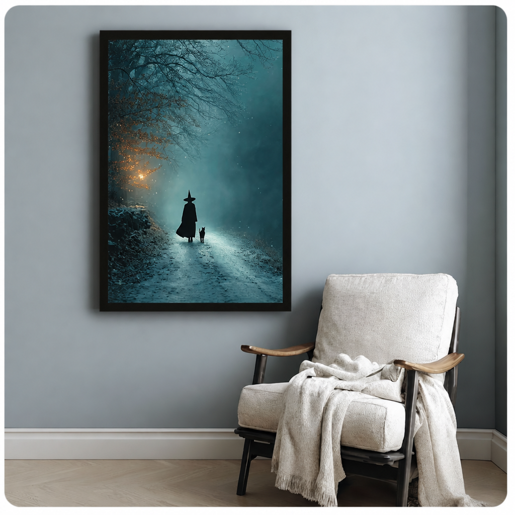 Mystical witch and black cat canvas wall art in a black frame above a cozy white armchair.