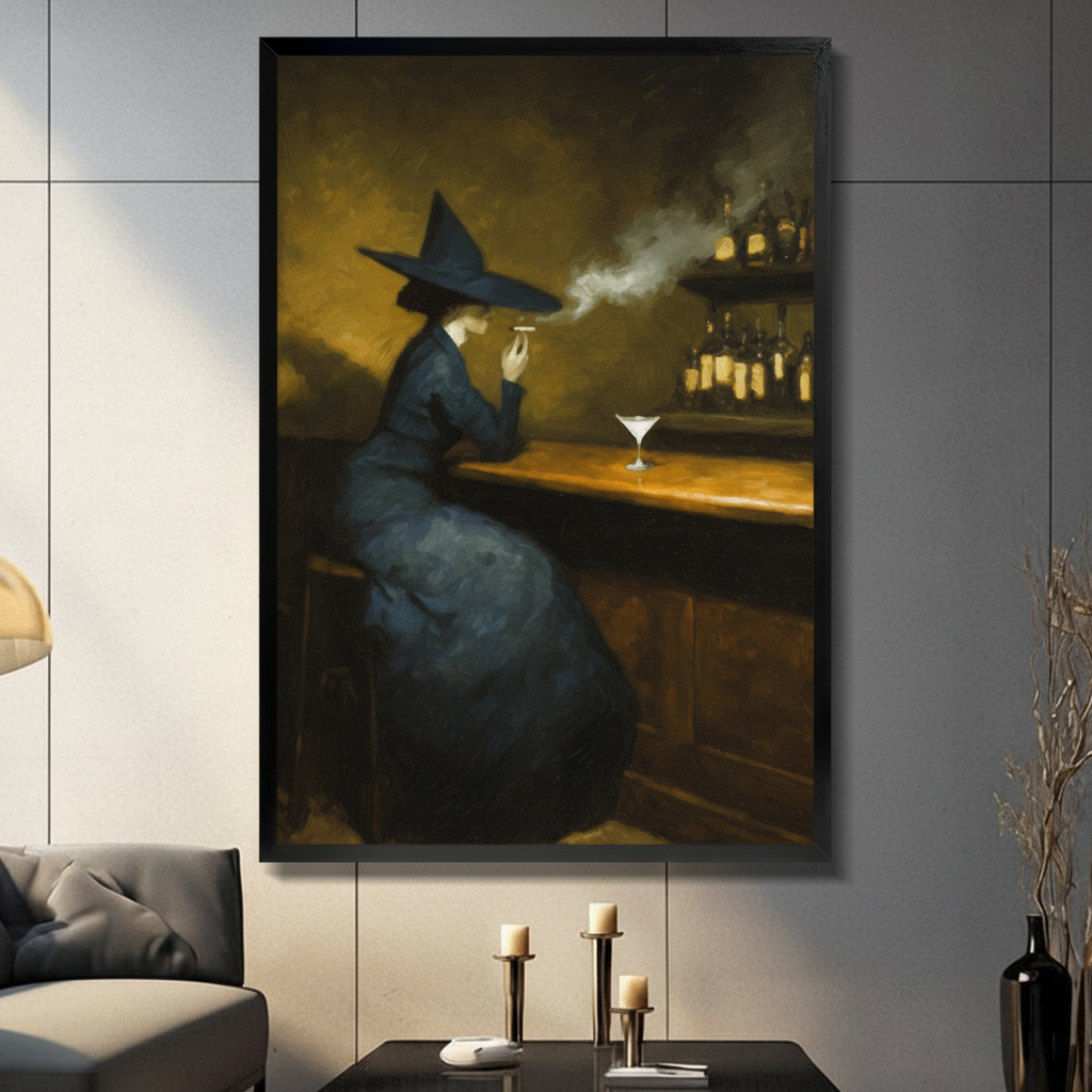 Framed witch at bar wall art canvas in modern living room — gothic oil painting of witch in wide-brim hat smoking with martini glass