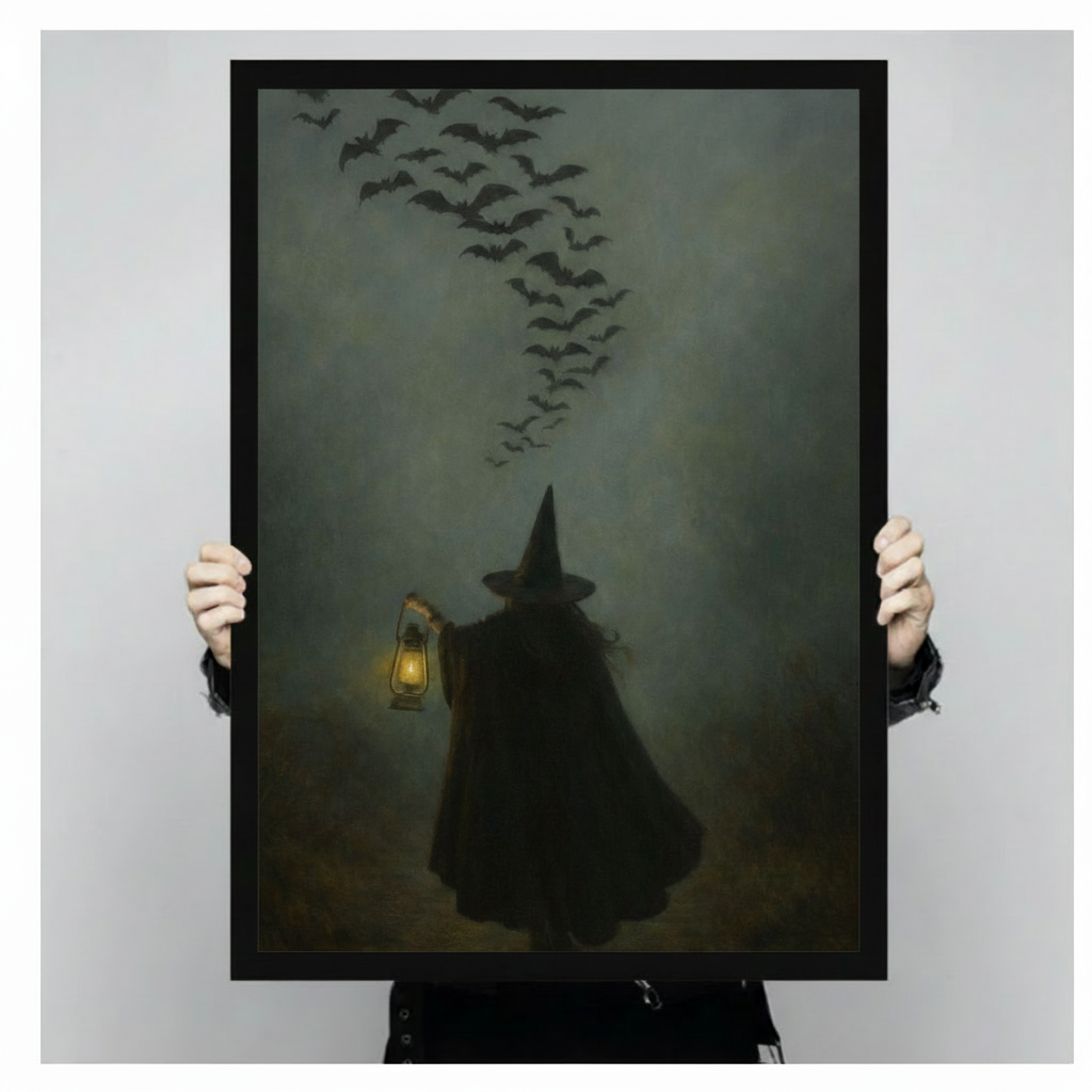Close-up product shot of a black framed gothic witch and bats wall art print held by two hands, showcasing the eerie foggy lantern scene in detail