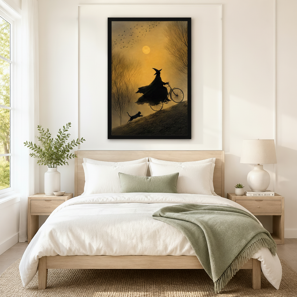 Black framed witch riding bicycle with black cat under amber full moon moody atmospheric wall art centered above bed as statement bedroom decor