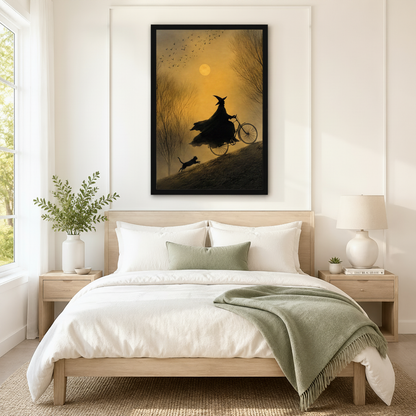 Black framed witch riding bicycle with black cat under amber full moon moody atmospheric wall art centered above bed as statement bedroom decor