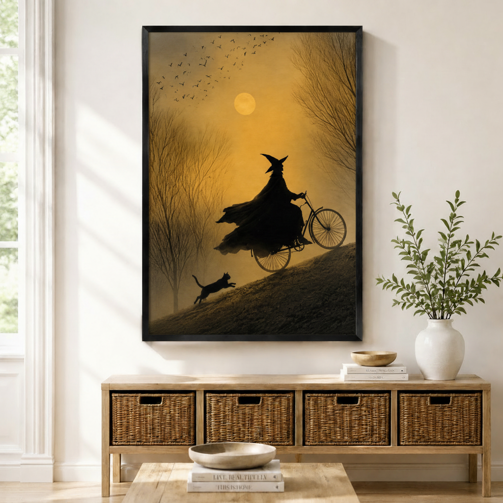 Witch riding bicycle with black cat under golden full moon atmospheric art print in black frame above wicker console in warm neutral entryway