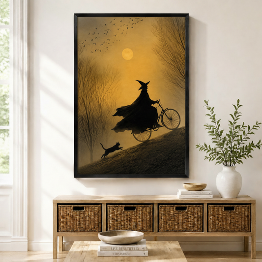 Witch riding bicycle with black cat under golden full moon atmospheric art print in black frame above wicker console in warm neutral entryway
