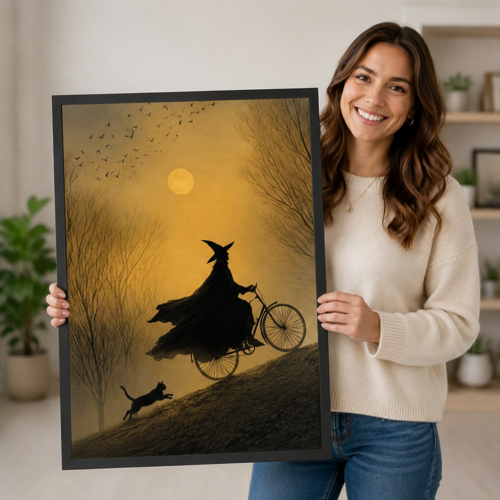 Smiling woman holding large black framed witch on bicycle black cat golden moon atmospheric painting print showing artwork size and scale
