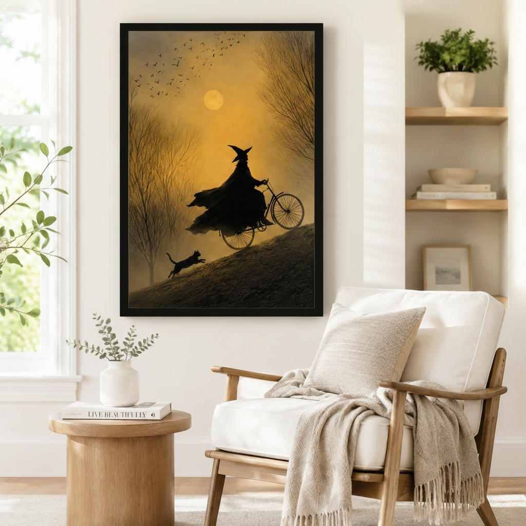 Black framed witch silhouette cycling uphill with black cat golden moon and bare trees atmospheric wall art beside armchair in minimalist reading corner