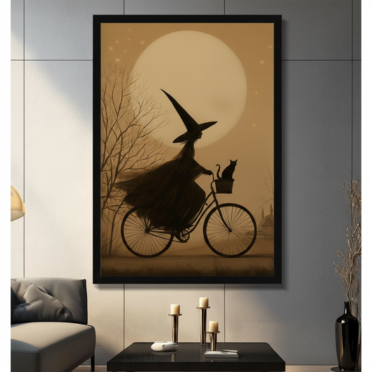 Framed witch on bicycle wall art print with black cat in basket under full moon, displayed in modern living room with dark panel wall