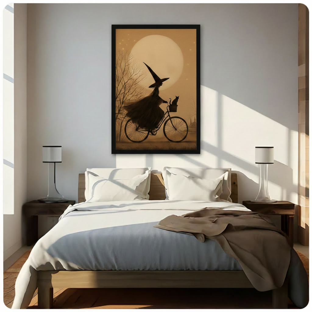 Framed witch on bicycle with black cat wall art above bed in sunlit bedroom, gothic cottagecore print for bedroom decor