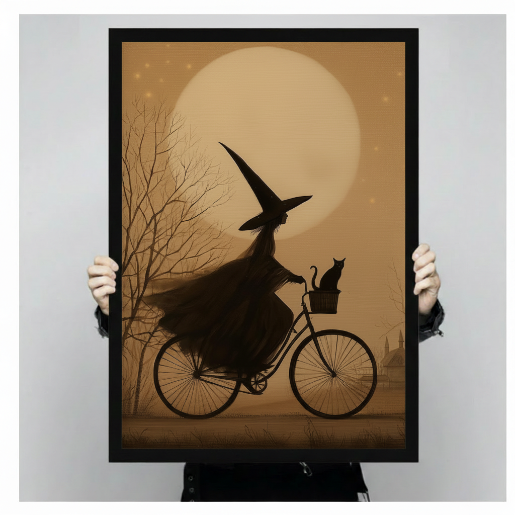 Close-up of witch riding bicycle art print held by hands, showing full moon silhouette and black cat in basket detail