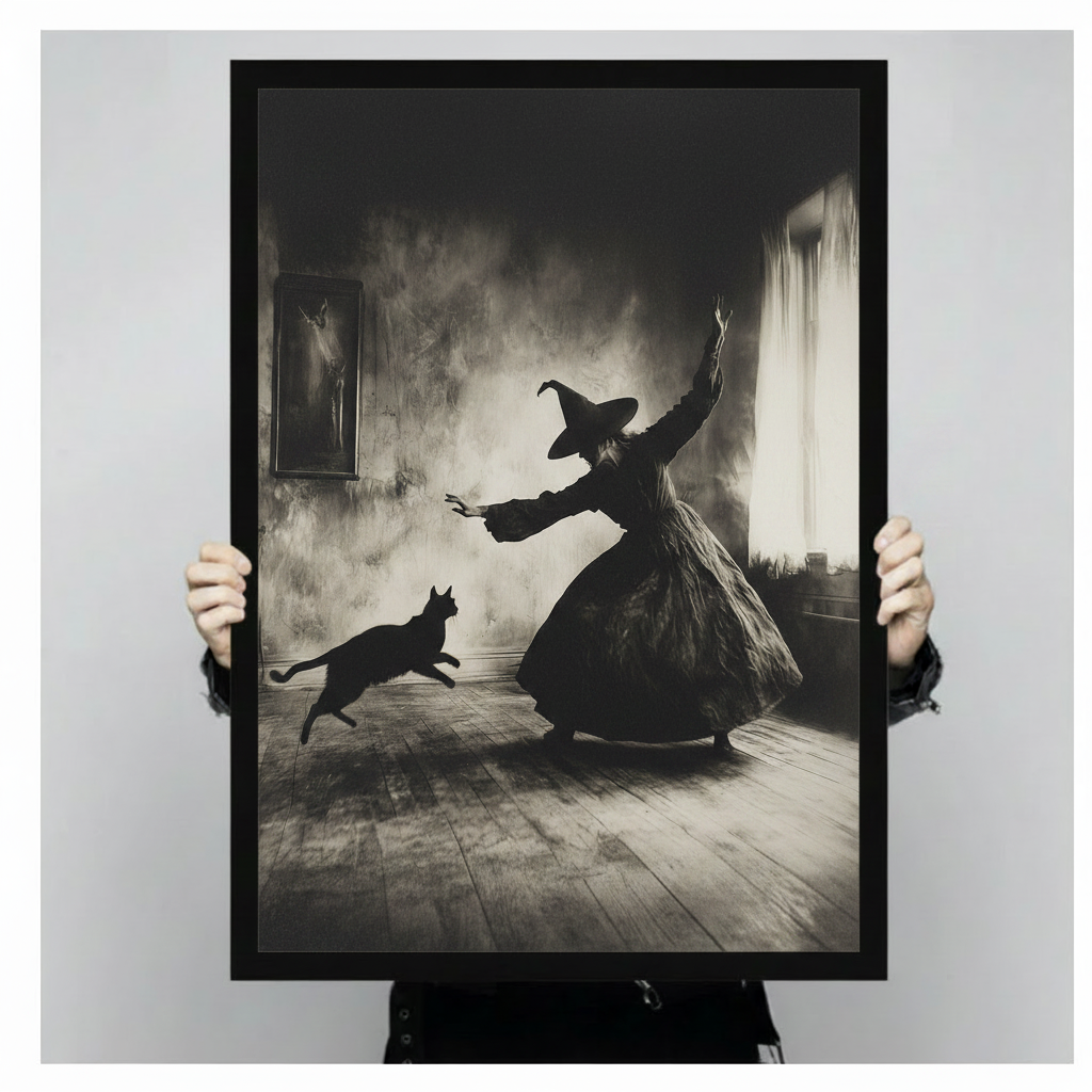 Close-up of gothic witch and black cat art print held by hands, showing fine detail of smoky vintage illustration