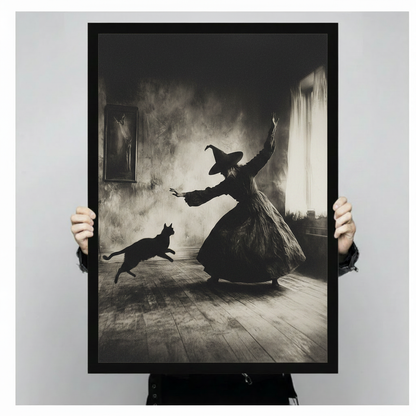 Close-up of gothic witch and black cat art print held by hands, showing fine detail of smoky vintage illustration