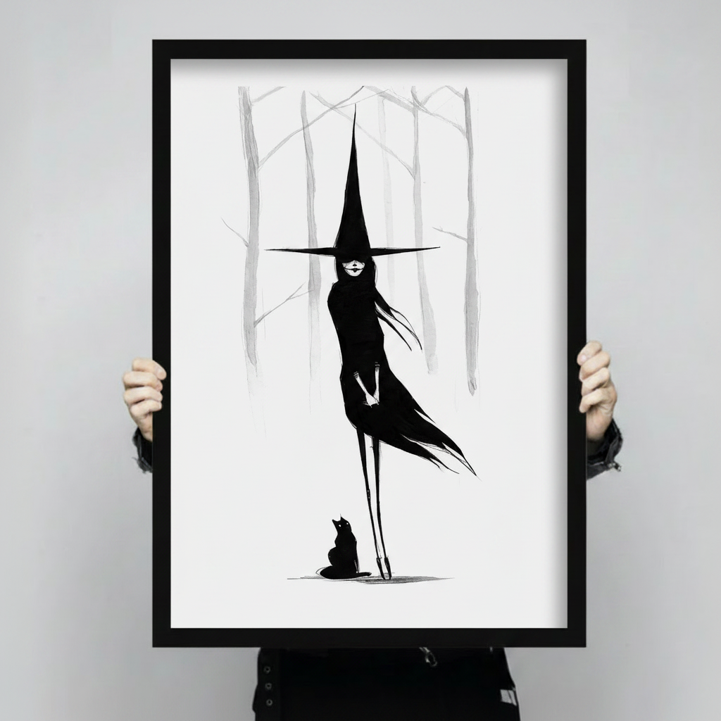 Person holding large black framed witch and black cat wall art print, showing print size and frame detail
