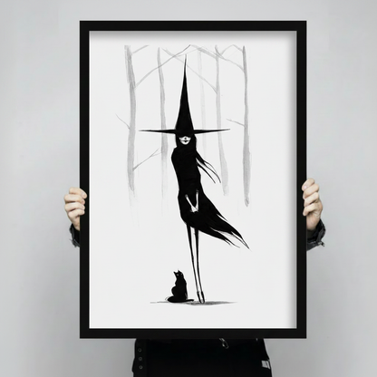 Person holding large black framed witch and black cat wall art print, showing print size and frame detail