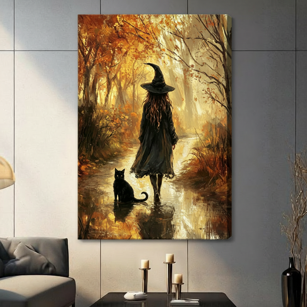 Oil painting of a witch in a black coat and pointed hat walking along a glowing autumn forest stream beside a black cat with golden foliage and warm misty light witch wall art stretched canvas in living room with dark gray panel wall and dark sofa