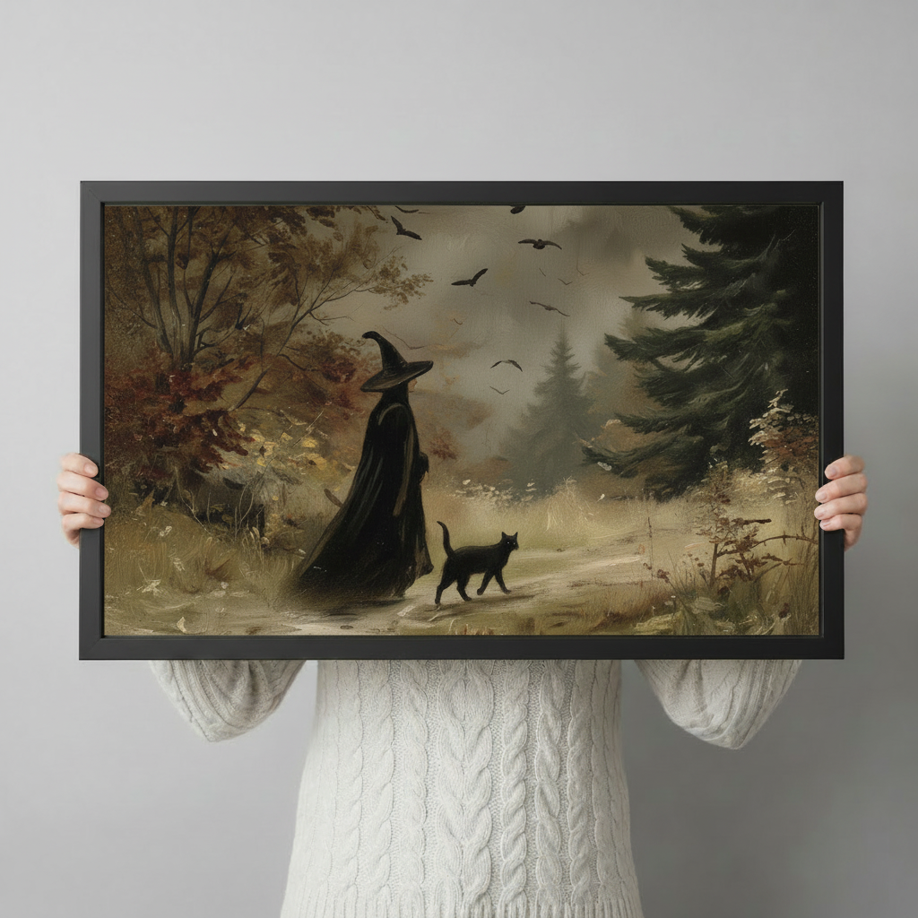 Person holding a framed gothic art print featuring a black-cloaked witch and black cat wandering a haunted autumn forest with birds overhead