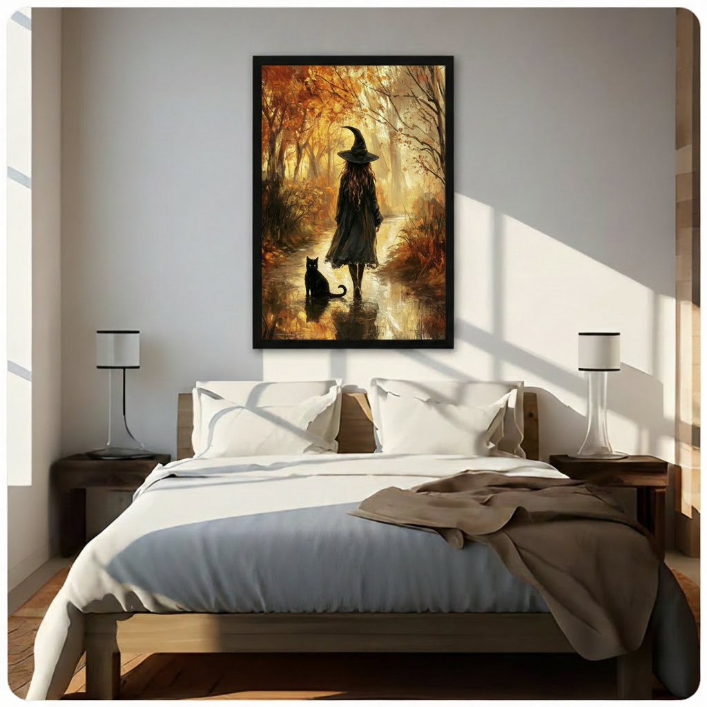 Oil painting of a witch in a black coat and pointed hat walking along a glowing autumn forest stream beside a black cat with golden foliage and warm misty light witch wall art framed print above bedroom with white bedding and dark wood bedside tables