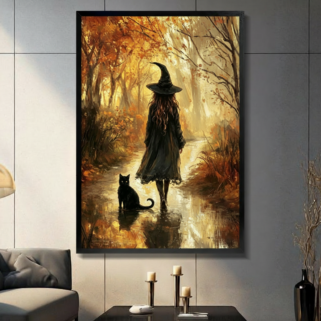 Oil painting of a witch in a black coat and pointed hat walking along a glowing autumn forest stream beside a black cat with golden foliage and warm misty light witch wall art framed print in living room with dark gray panel wall and dark sofa