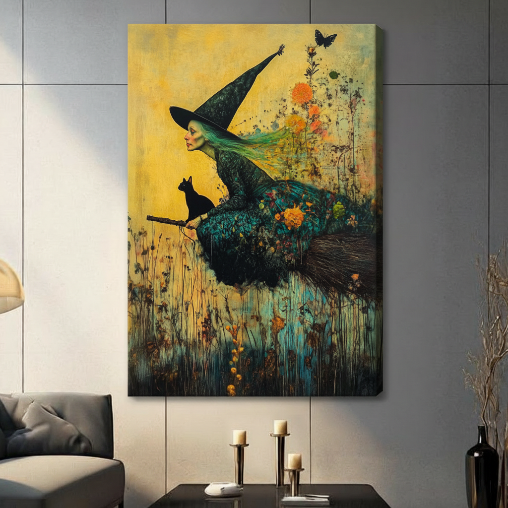 Witch and black cat broomstick botanical fantasy canvas wall art print displayed in contemporary grey living room