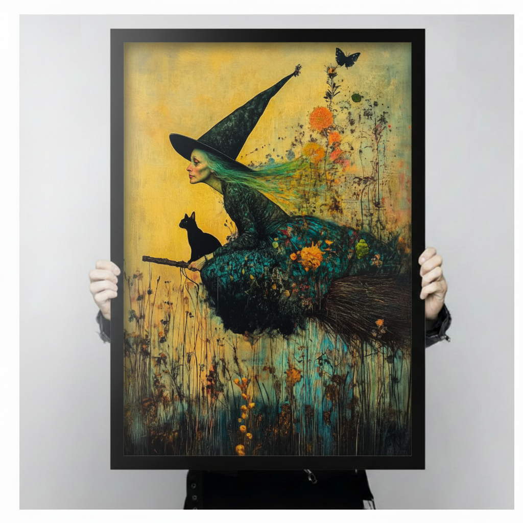 Close-up of witch riding broomstick black cat fantasy floral oil painting art print held by two hands