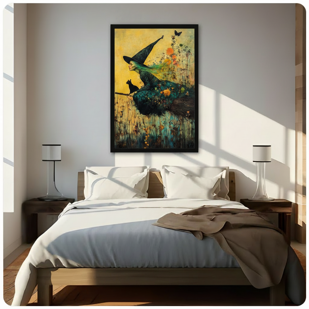 Witch and black cat broomstick floral fantasy framed wall art print above bed in bright Scandinavian bedroom