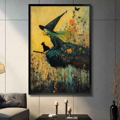 Framed witch riding broomstick with black cat floral fantasy oil painting wall art in dark modern living room