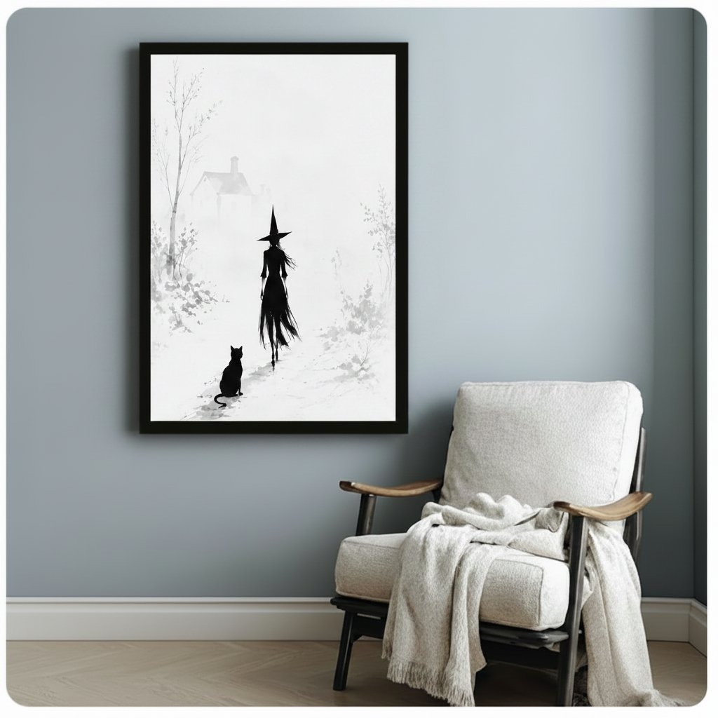 Framed black and white ink-style canvas of a witch walking through a foggy winter scene with a sitting black cat, styled beside a cozy armchair on a blue-grey wall