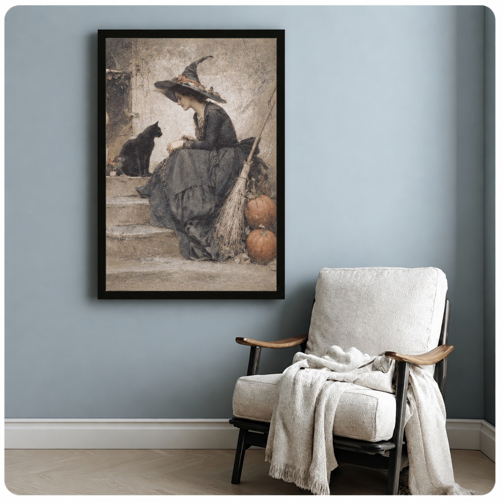 Witch black cat canvas wall art beside a white armchair, depicting a pointed-hat witch facing a cat in muted vintage tones