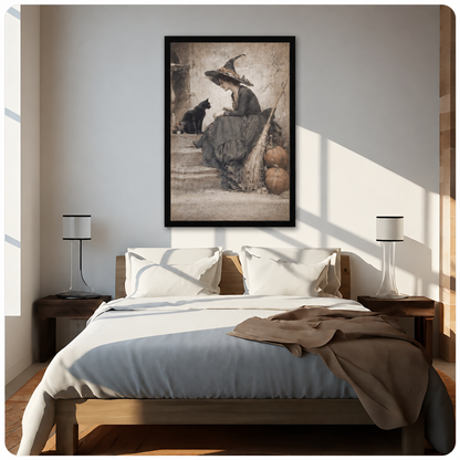 Witch black cat canvas wall art above a bed, featuring a seated witch and her cat against a softly textured stone background