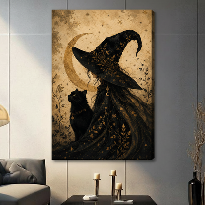Botanical mystical painting of a cloaked witch with a large black hat covered in gold floral motifs standing beside her black cat with glowing green eyes under a golden crescent moon with eight-pointed stars and climbing vine details on a warm antique parchment background witch and cat wall art stretched canvas in a living room with blue gray panel wall dark sofa candle holders and black vase