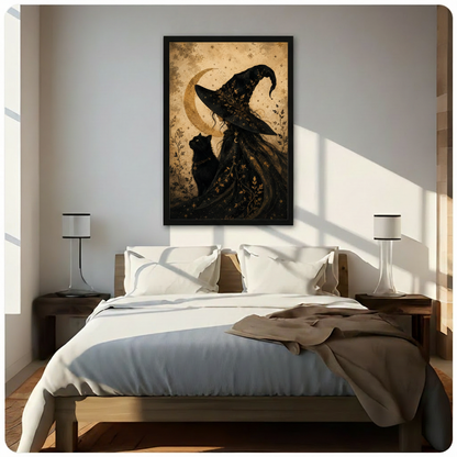 Atmospheric dark botanical illustration of a mysterious witch with a wide gold-adorned black hat and star-embroidered flowing robe standing with her black cat beneath a radiant golden crescent moon with vine leaf details on an aged parchment background witchcore Halloween wall art framed print above a bedroom with white linen bedding dark wood bed frame and white table lamps