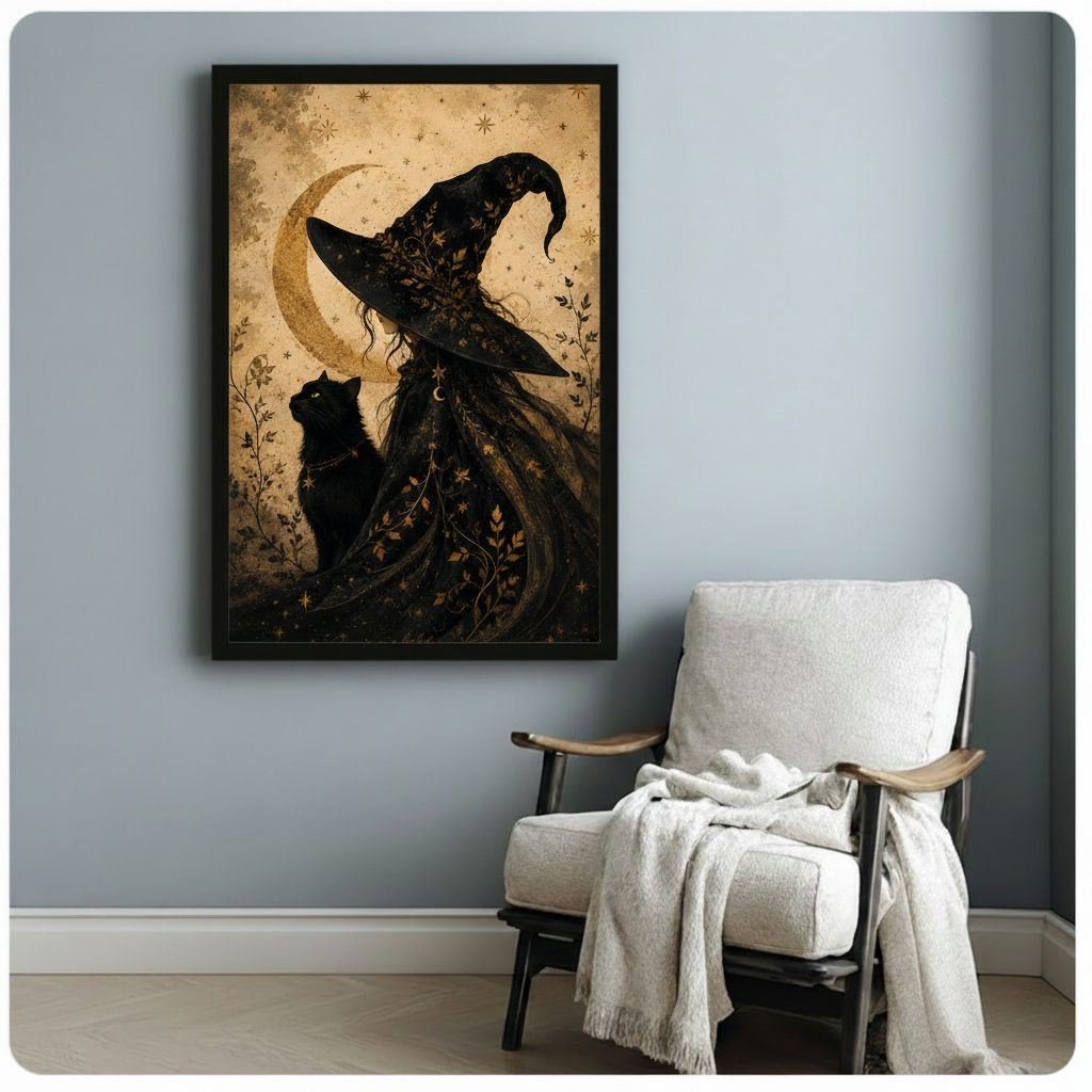 Vintage dark illustration of a witch in a gold-leaf embellished black witch hat and star-scattered flowing robe with a black cat gazing upward beneath a large golden crescent moon surrounded by botanical vine motifs on aged parchment dark witchcore wall art framed print beside a white linen armchair with wood arms and a cream throw blanket on a blue gray wall