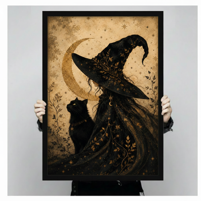 Mystical vintage art print of a silhouetted witch with an ornate leaf-covered black hat and crescent moon embroidered cloak accompanied by a wide-eyed black cat beneath a glowing gold crescent moon and scattered stars on a warm amber parchment background dark Halloween witch wall art framed print held against a light gray background