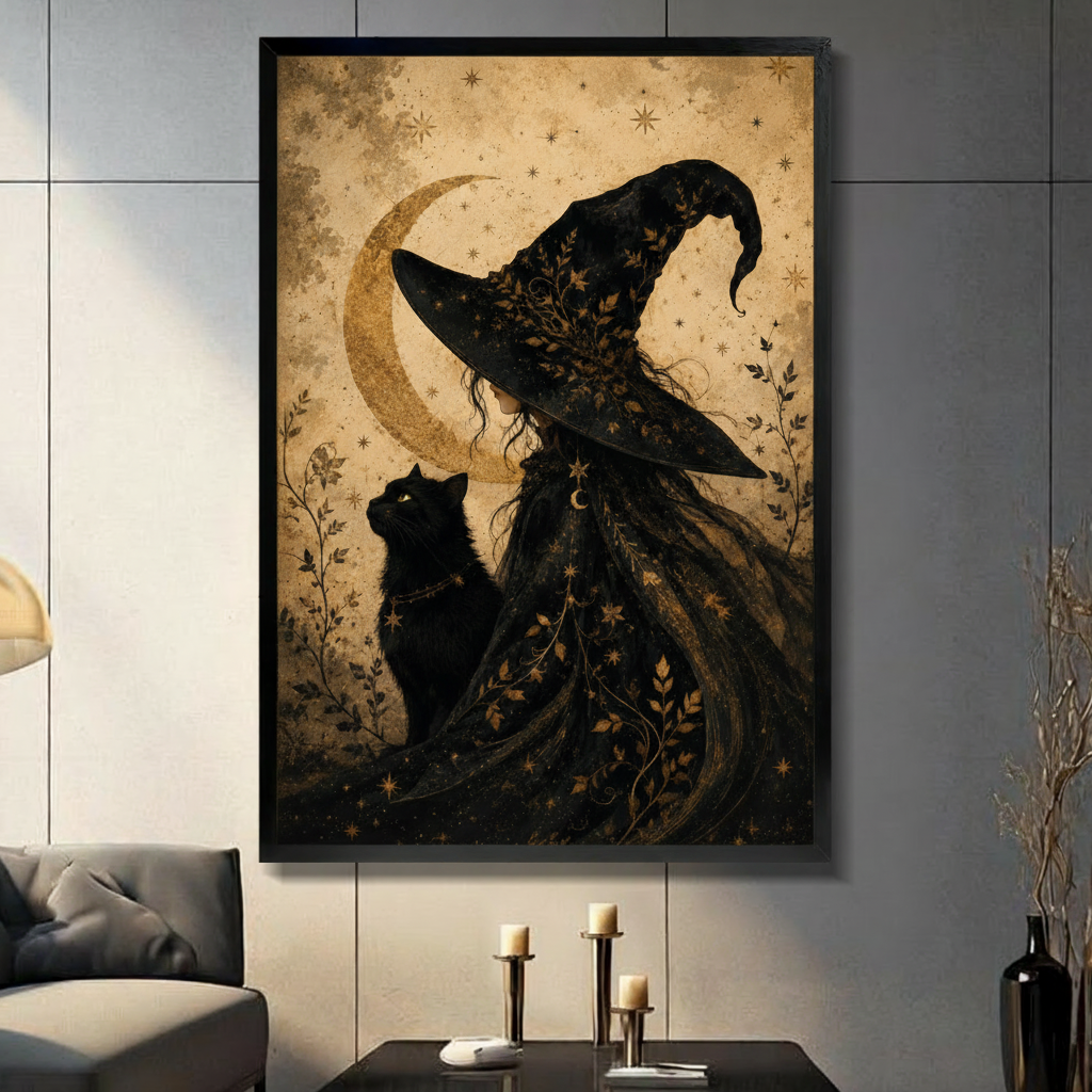 Dark vintage illustration of a mysterious witch in a wide-brimmed black hat adorned with gold leaf vines and a flowing star-embroidered cloak beside a green-eyed black cat looking up at her beneath a glowing golden crescent moon on aged parchment background dark witchcore wall art framed print in a living room with blue gray panel wall dark sofa candle holders and black vase