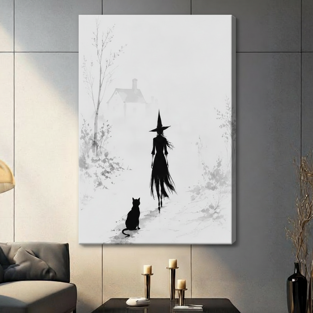 Gallery wrap canvas print of a mysterious witch in a pointed hat walking through a foggy winter landscape with a black cat, frameless style on dark grey wall
