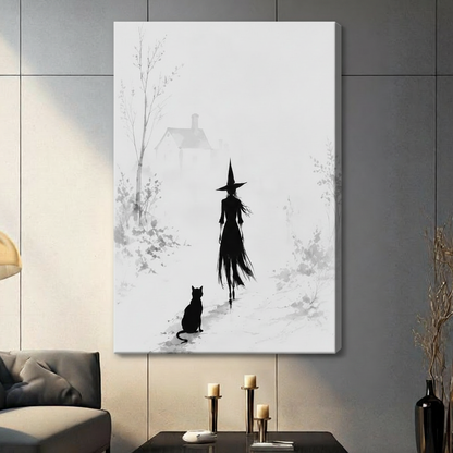 Gallery wrap canvas print of a mysterious witch in a pointed hat walking through a foggy winter landscape with a black cat, frameless style on dark grey wall