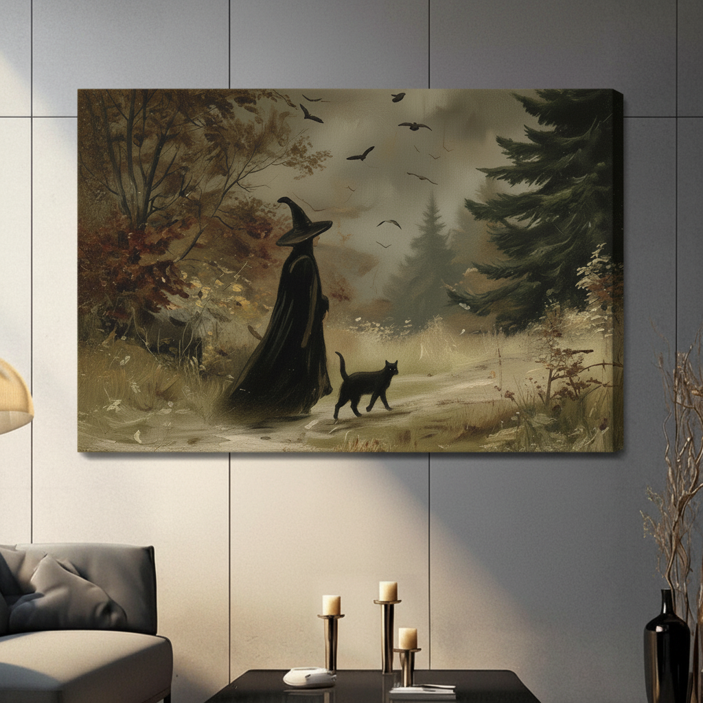 Gallery wrapped canvas of a mysterious witch and black cat strolling through an enchanted foggy woodland, hung above a console in a contemporary living space
