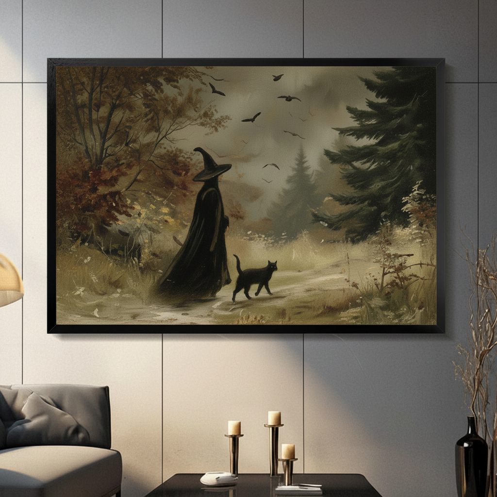 Framed gothic wall art print of a witch in black cloak walking with a black cat through a misty autumn forest, displayed in a moody living room