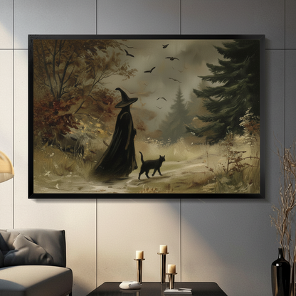 Framed gothic wall art print of a witch in black cloak walking with a black cat through a misty autumn forest, displayed in a moody living room