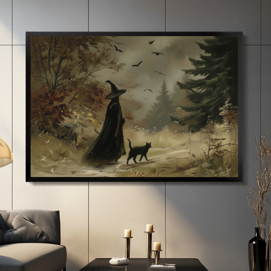 Framed gothic wall art print of a witch in black cloak walking with a black cat through a misty autumn forest, displayed in a moody living room