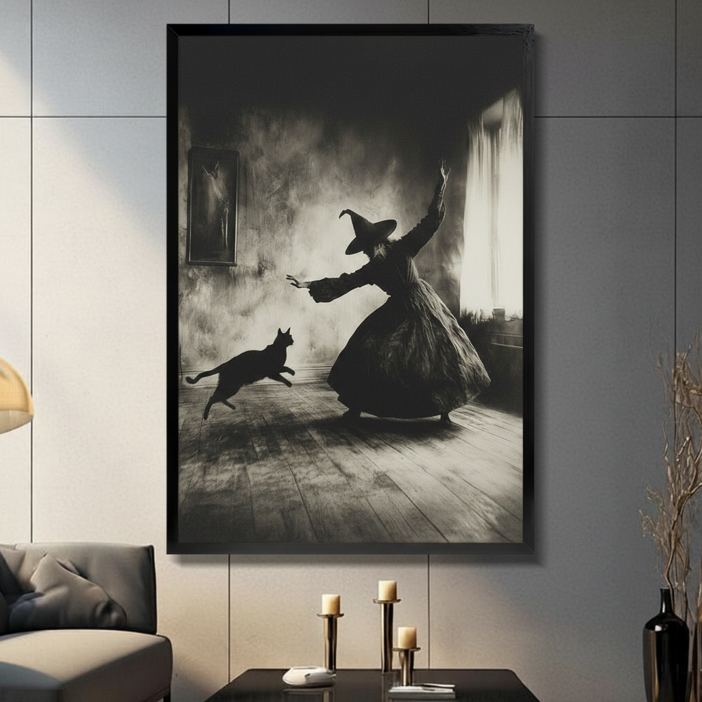 Framed gothic wall art of a witch casting spell with a leaping black cat, displayed in a modern living room