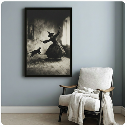 Gothic framed art print featuring witch silhouette and running black cat, styled above an armchair in a light grey room