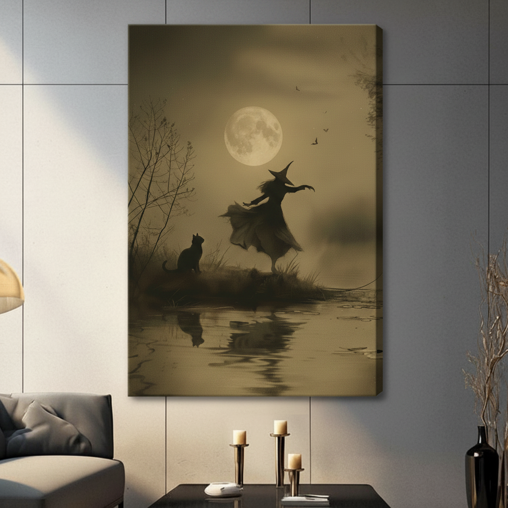 Gallery wrapped canvas print featuring a silhouette witch and black cat under a full moon, hung in a contemporary living room setting