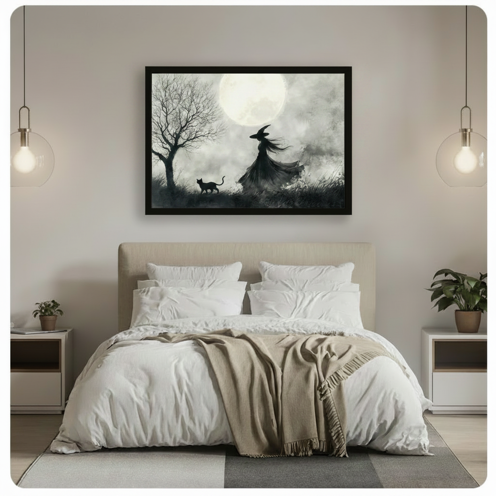 Framed gothic witch and black cat moonlit wall art hung above a white linen bed in a soft neutral Scandinavian bedroom with pendant lights, atmospheric black and white watercolor art