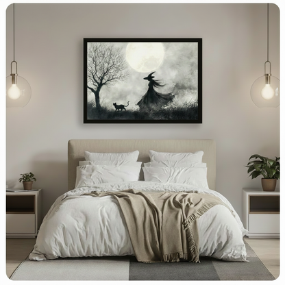 Framed gothic witch and black cat moonlit wall art hung above a white linen bed in a soft neutral Scandinavian bedroom with pendant lights, atmospheric black and white watercolor art