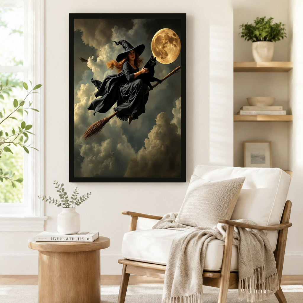 Large black-framed wall art of a flowing-robed witch riding a broomstick with a black cat under a luminous golden moon, styled beside a linen armchair in a Scandinavian-inspired reading nook