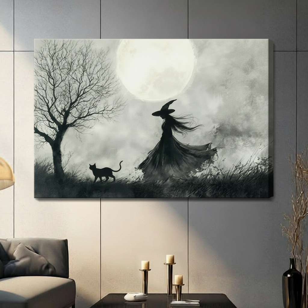 Gallery wrap canvas of a dramatic witch silhouette with windswept cloak and pointed hat striding beside a black cat through a misty moonlit landscape with a bare tree, hung on a grey panelled wall