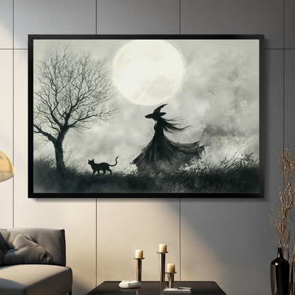 Framed gothic watercolor wall art print of a witch silhouette in a flowing black cloak and pointed hat walking with a black cat under a glowing full moon, displayed on a grey panelled wall in a moody living room