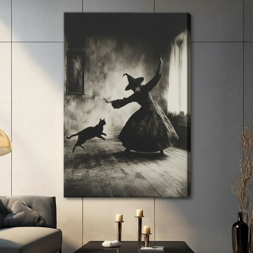 Gallery wrapped canvas print of a mysterious witch and black cat in smoky dark interior, hung on charcoal wall